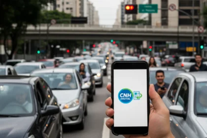 Cena urbana de S&atilde;o Paulo com foco em smartphone exibindo CNH Digital do Brasil, marcando 40 milh&otilde;es de downloads.
