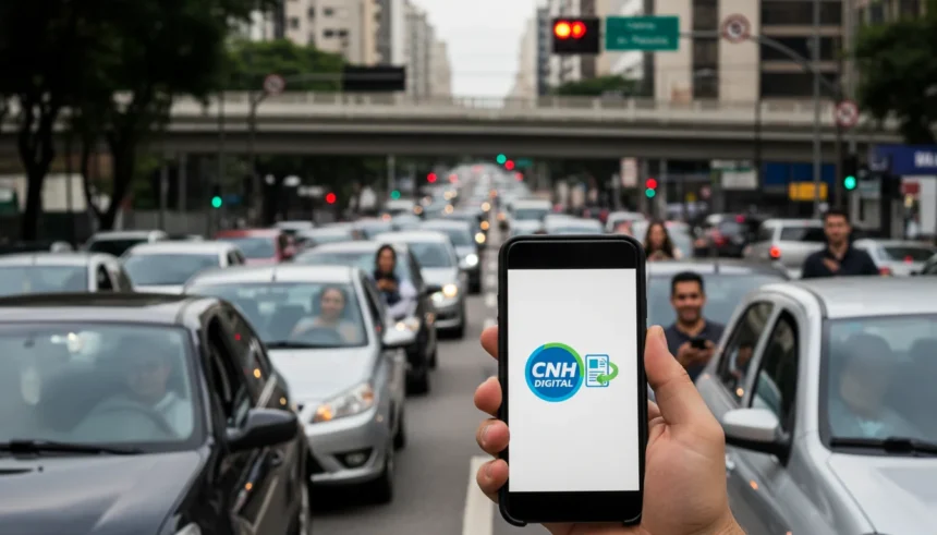 CNH do Brasil bate 40 milhões de downloads em um mês e acelera renovações automáticas; 2,5 milhões pedem 1ª habilitação 1 Cena urbana de São Paulo com foco em smartphone exibindo CNH Digital do Brasil, marcando 40 milhões de downloads.