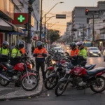 Cena de entregadores de moto na rua brasileira ao entardecer, refletindo o mercado motos seguirá aquecido
