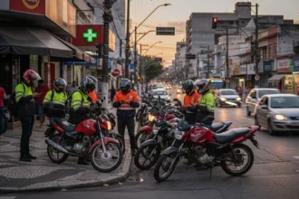 Cena de entregadores de moto na rua brasileira ao entardecer, refletindo o mercado motos seguirá aquecido