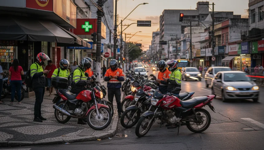 Cena de entregadores de moto na rua brasileira ao entardecer, refletindo o mercado motos seguirá aquecido