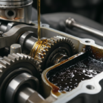 Peças internas de um motor de carro com óleo lubrificante fluindo, destacando a importância do lubrificante correto.