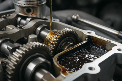 Pe&ccedil;as internas de um motor de carro com &oacute;leo lubrificante fluindo, destacando a import&acirc;ncia do lubrificante correto.