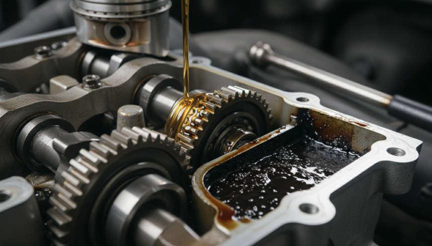 Peças internas de um motor de carro com óleo lubrificante fluindo, destacando a importância do lubrificante correto.