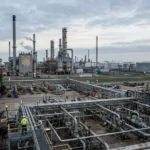 Diagrama ilustrando a cadeia de produção de petróleo e gás da Shell, focando em downstream, químicos e lucros.