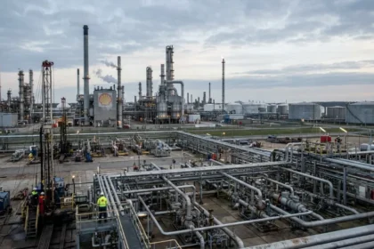 Diagrama ilustrando a cadeia de produ&ccedil;&atilde;o de petr&oacute;leo e g&aacute;s da Shell, focando em downstream, qu&iacute;micos e lucros.