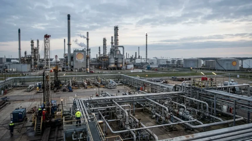 Shell projeta aumento de até 1,94 milhão de barris de óleo por dia no upstream em 2025, mas enfrenta quedas de lucro em químicos e downstream, gerando riscos financeiros. 1 Diagrama ilustrando a cadeia de produção de petróleo e gás da Shell, focando em downstream, químicos e lucros.