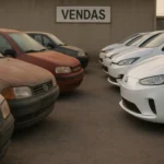 Pátio com carros usados antigos contrastando com veículos novos e elétricos, ilustrando envelhecimento da frota