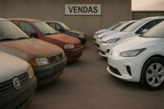 Pátio com carros usados antigos contrastando com veículos novos e elétricos, ilustrando envelhecimento da frota