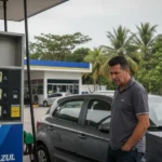 Motorista preocupado abastecendo carro em posto de Maceió, Alagoas, com preço elevado da gasolina