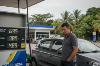 Motorista preocupado abastecendo carro em posto de Maceió, Alagoas, com preço elevado da gasolina