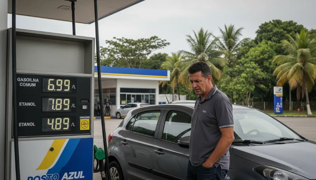 Motorista preocupado abastecendo carro em posto de Maceió, Alagoas, com preço elevado da gasolina