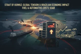 Mapa do Estreito de Ormuz com petroleiros, símbolos de alta nos combustíveis e impacto no mercado automotivo brasileiro.