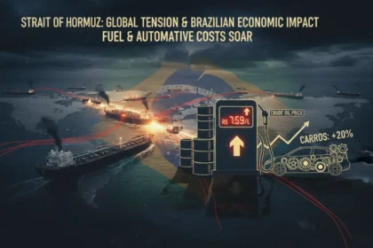 Mapa do Estreito de Ormuz com petroleiros, s&iacute;mbolos de alta nos combust&iacute;veis e impacto no mercado automotivo brasileiro.