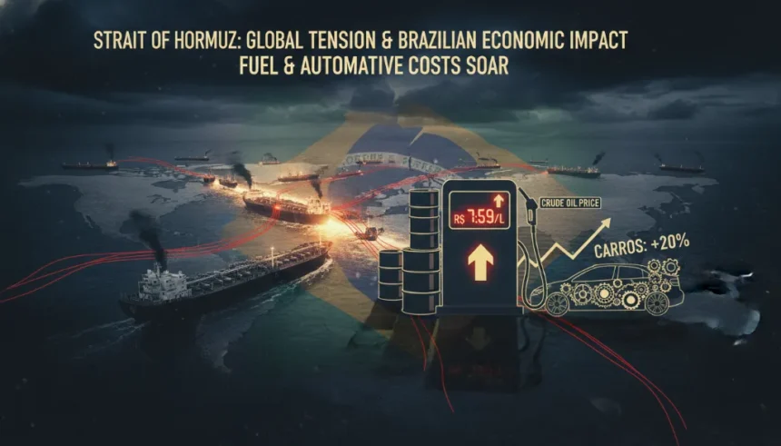 Guarda Revolucionária do Irã promete fechar totalmente o Estreito de Ormuz caso Trump ataque usinas, alertando para destruição de empresas com participação americana no Oriente Médio 1 Mapa do Estreito de Ormuz com petroleiros, símbolos de alta nos combustíveis e impacto no mercado automotivo brasileiro.