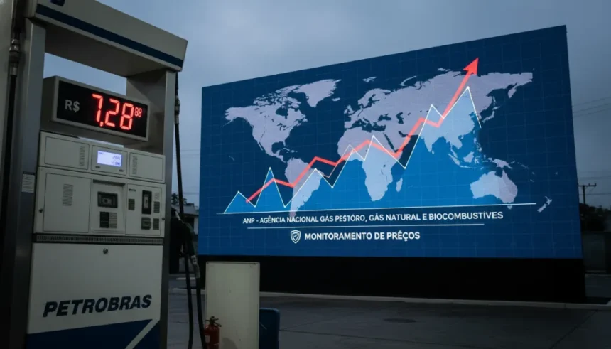 Bomba de diesel em posto brasileiro marcando R$ 7,28 após autuação da ANP por aumento de preços.