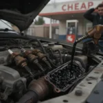 Motor de carro danificado por combustível adulterado, com peças como bicos injetores e velas de ignição comprometidas.