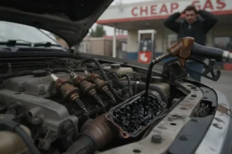 Motor de carro danificado por combustível adulterado, com peças como bicos injetores e velas de ignição comprometidas.