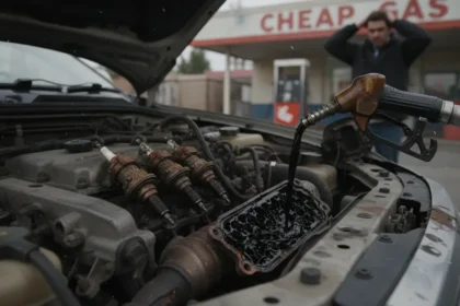 Motor de carro danificado por combust&iacute;vel adulterado, com pe&ccedil;as como bicos injetores e velas de igni&ccedil;&atilde;o comprometidas.