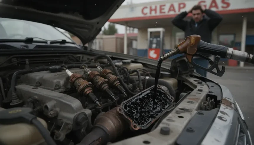 Postos oferecem combustível com valor R$ 0,64 abaixo da média em 19/03/2026 e risco de adulteração detonar seu carro com prejuízos milionários em peças. 1 Motor de carro danificado por combustível adulterado, com peças como bicos injetores e velas de ignição comprometidas.