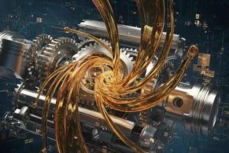 Representação artística de diferentes viscosidades de óleo fluindo por engrenagens do motor, simbolizando a importância de como escolher viscosidade de óleo corretamente.