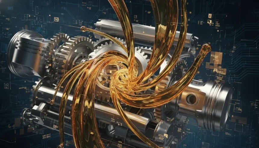 Como escolher a viscosidade do óleo: um guia prático para entender as classificações SAE e API e proteger seu motor em todas as condições climáticas 1 Representação artística de diferentes viscosidades de óleo fluindo por engrenagens do motor, simbolizando a importância de como escolher viscosidade de óleo corretamente.