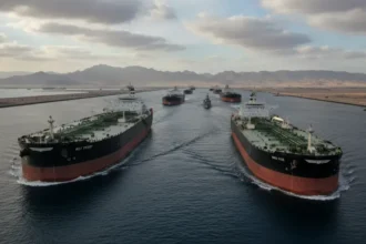 Navios petroleiros navegando pelo Estreito de Ormuz, rota vital para o comércio de petróleo