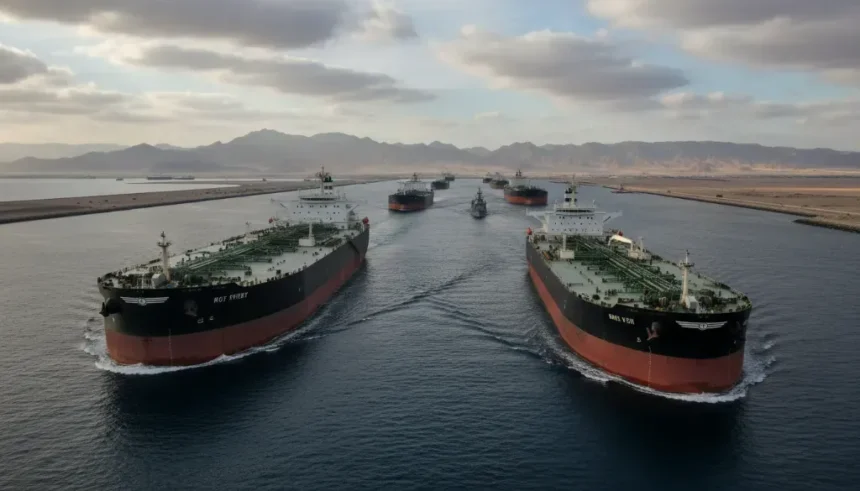 Como o estreito de Ormuz impacta o mercado mundial de petróleo e a segurança energética 1 Navios petroleiros navegando pelo Estreito de Ormuz, rota vital para o comércio de petróleo