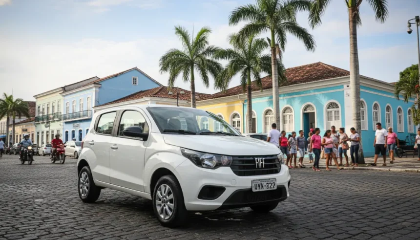 Carro popular estacionado em rua movimentada de Maceió, Alagoas, com prédios e palmeiras ao fundo sob a luz do sol