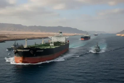 Mapa mostrando o bloqueio estreito de Ormuz, rota vital para o com&eacute;rcio global.