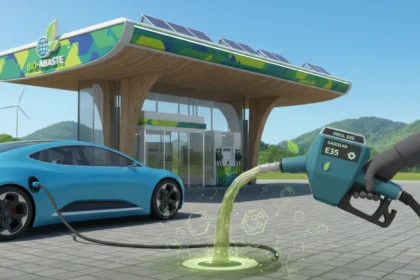 Posto de combust&iacute;vel brasileiro com bomba abastecendo carro com novas misturas de gasolina E35 e diesel B25