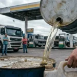 Imagem de posto de combustível brasileiro com gasolina sendo despejada de tambor, refletindo alta de preços de diesel no Brasil