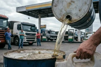 Imagem de posto de combustível brasileiro com gasolina sendo despejada de tambor, refletindo alta de preços de diesel no Brasil