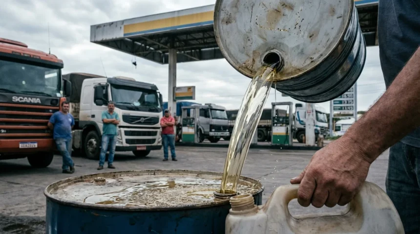 Preço do diesel no Brasil dispara mais de 20% com guerra no Irã; ANP indica maior nível do governo Lula e pressiona frete 1 Imagem de posto de combustível brasileiro com gasolina sendo despejada de tambor, refletindo alta de preços de diesel no Brasil