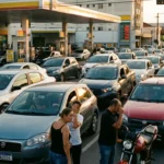 Fila extensa de veículos e motoristas preocupados na crise de gasolina se espalha no Brasil