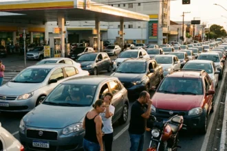 Fila extensa de veículos e motoristas preocupados na crise de gasolina se espalha no Brasil
