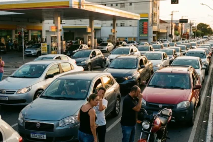 Fila extensa de ve&iacute;culos e motoristas preocupados na crise de gasolina se espalha no Brasil