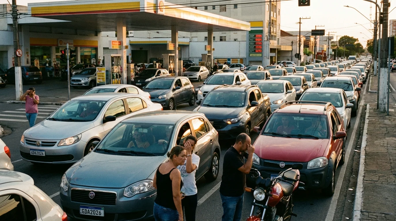 Fila extensa de veículos e motoristas preocupados na crise de gasolina se espalha no Brasil