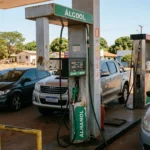 Imagem realista de posto de combustível no Mato Grosso mostrando bomba de etanol em uma rua urbana