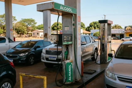 Imagem realista de posto de combust&iacute;vel no Mato Grosso mostrando bomba de etanol em uma rua urbana