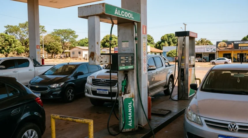 Abastecer com etanol: entenda por que só MT e MS terão vantagem em 2026 e como calcular! 1 Imagem realista de posto de combustível no Mato Grosso mostrando bomba de etanol em uma rua urbana