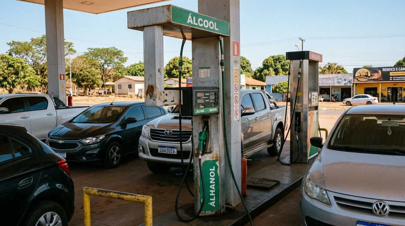 Imagem realista de posto de combustível no Mato Grosso mostrando bomba de etanol em uma rua urbana