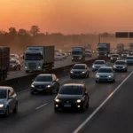 Cena de trânsito brasileiro ao entardecer com caminhões, carros e painel de combustível, ilustrando prioridade do governo pelo diesel e alta nos preços da gasolina.