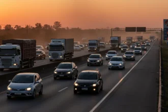 Cena de trânsito brasileiro ao entardecer com caminhões, carros e painel de combustível, ilustrando prioridade do governo pelo diesel e alta nos preços da gasolina.