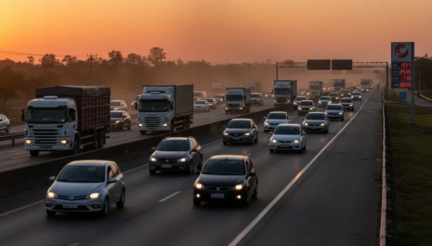 E a gasolina? Governo prioriza diesel: entenda por que o preço da gasolina sobe enquanto a Fazenda mira o frete e evita risco de greve 1 Cena de trânsito brasileiro ao entardecer com caminhões, carros e painel de combustível, ilustrando prioridade do governo pelo diesel e alta nos preços da gasolina.