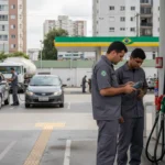 Equipe de fiscalização monitorando posto de gasolina brasileiro, ilustrando governo intensifica fiscalização notifica