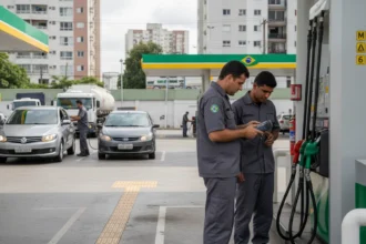 Equipe de fiscalização monitorando posto de gasolina brasileiro, ilustrando governo intensifica fiscalização notifica