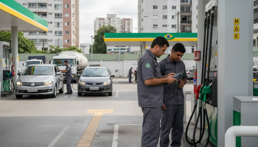 Equipe de fiscalização monitorando posto de gasolina brasileiro, ilustrando governo intensifica fiscalização notifica
