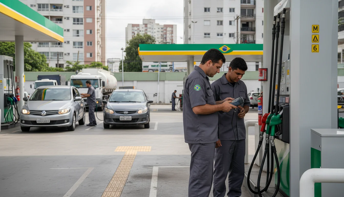 Equipe de fiscalização monitorando posto de gasolina brasileiro, ilustrando governo intensifica fiscalização notifica