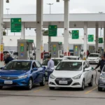 Cena de posto de combustível brasileiro com motoristas abastecendo, destaque para bombas de etanol e gasolina, refletindo o aumento de preço etanol sobe 23 estados